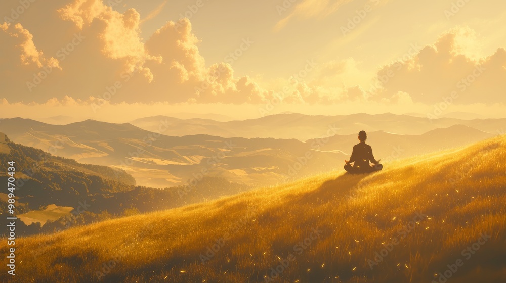 A man meditating on a grassy hilltop, overlooking a valley at sunset A man meditating on a grassy hilltop, overlooking a valley at sunset