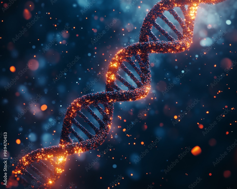 DNA strand with glowing particles, dark background DNA strand with glowing particles, dark background