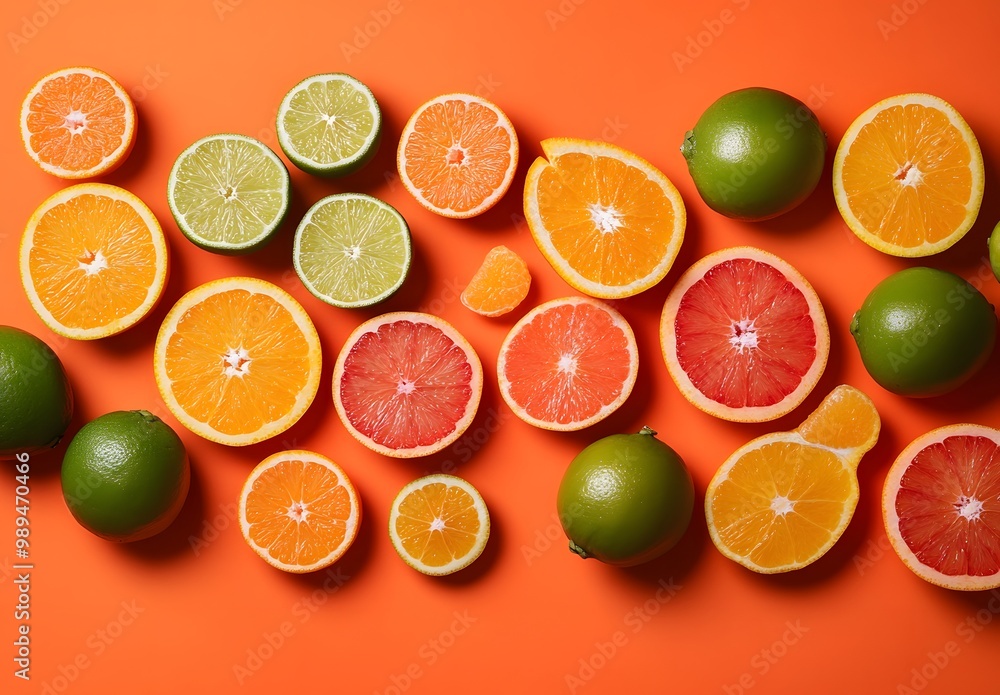 Citrus Fruit Slices Arranged on Orange Background Citrus Fruit Slices Arranged on Orange Background