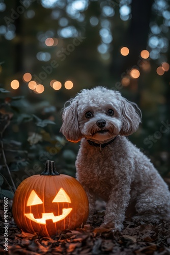 A cute little fluffy dog sits next to an orange illuminated Jack-o-lantern pumpkin in the autumn woods in thetwilight lighting, surrounded by fallen leaves photo