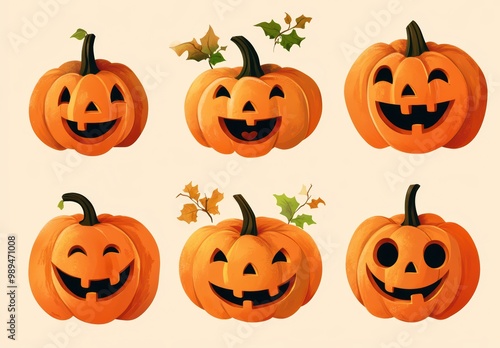 Set of drawn cute orange cartoon jack-o'-lanterns with different expressions and emotions, vector graphics with gradients