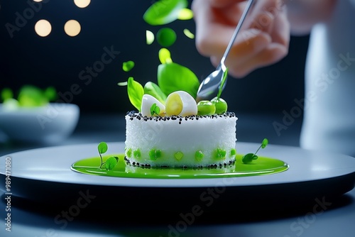 A 3D-animated sequence of a gourmet meal being plated, with each component delicately arranged on the plate in a beautiful digital rendering photo