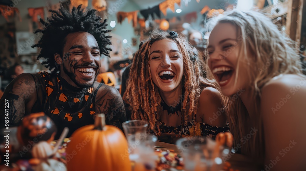 Photo of a group of friends laughing happily, dressed in Halloween costumes celebrating with together among the autumn decorations Photo of a group of friends laughing happily, dressed in Halloween costumes celebrating with together among the autumn decorations