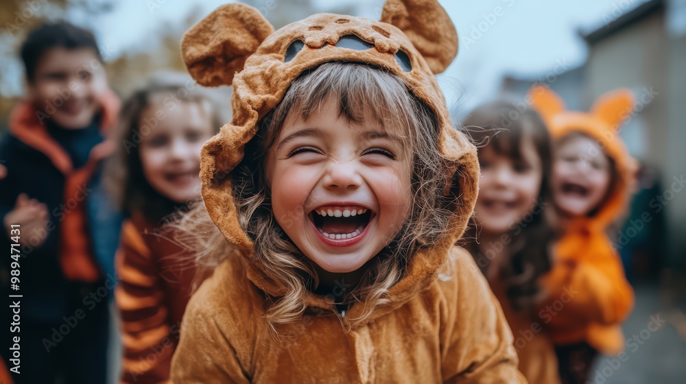 Photo of a group of small children wearing colorful Halloween costumes and laughing happily, celebrating all together on an autumn day Photo of a group of small children wearing colorful Halloween costumes and laughing happily, celebrating all together on an autumn day