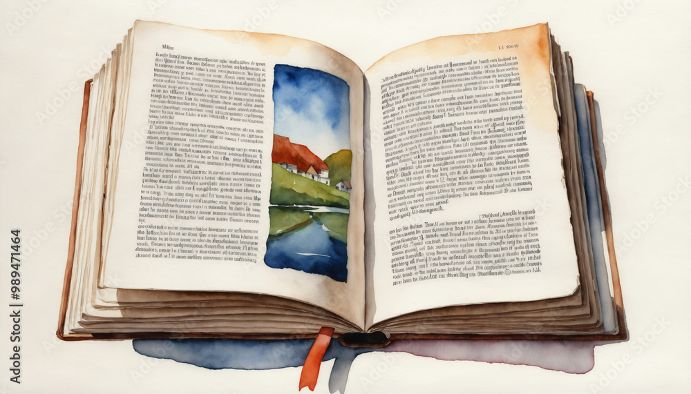 Obraz premium Aquarelle livre ouvert illustration histoire roman texte marque-page papier littérature école.