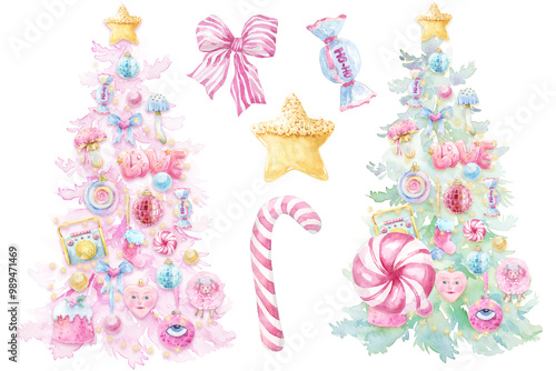 Cute Christmas Watercolor Holiday Set. Christmas tree Wreath Frame, cute girly ornaments, festive decor