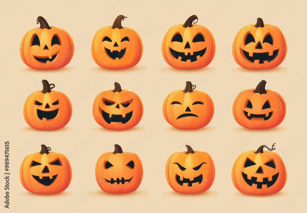 Set of drawn cute orange cartoon jack-o'-lanterns with different expressions and emotions, vector graphics with gradients Set of drawn cute orange cartoon jack-o'-lanterns with different expressions and emotions, vector graphics with gradients