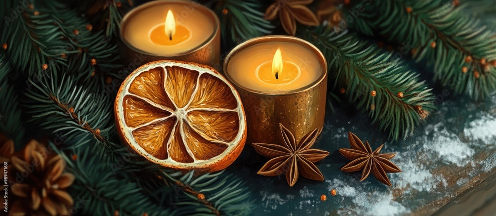 Candle adorned with spruce star anise and dried orange slice perfect for winter holiday decor and New Year celebrations