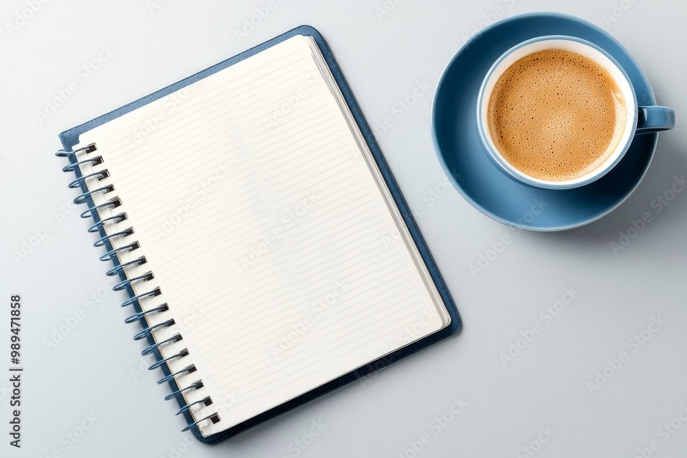 A blank notebook and a cup of coffee, set on a clean desk, representing the beginning of a study session in a minimalist environment A blank notebook and a cup of coffee, set on a clean desk, representing the beginning of a study session in a minimalist environment