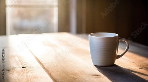 A white ceramic mug basks in the gentle morning light on a wooden table, evoking a cozy and peaceful moment of solitude.