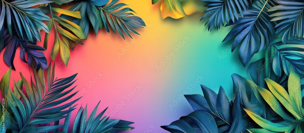 Tropical leaves arranged in a decorative frame against a colorful backdrop Tropical leaves arranged in a decorative frame against a colorful backdrop