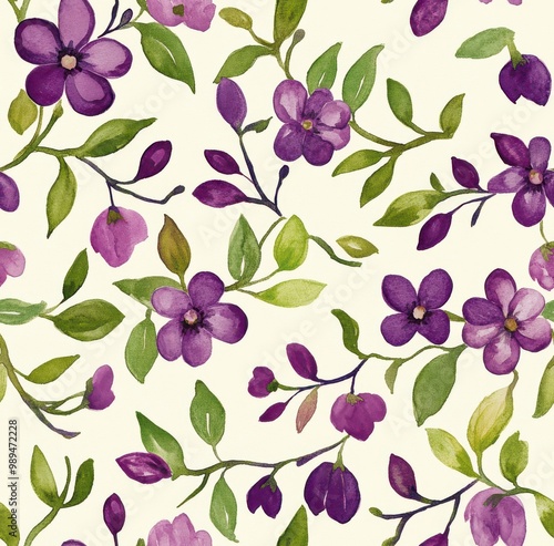 Watercolor, purple and green floral pattern on a cream background