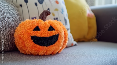 Photo of an orange, fluffy, soft pumpkin-shaped Halloween pillow laying on the sofa, representing a festive jack-o-lantern decoration photo