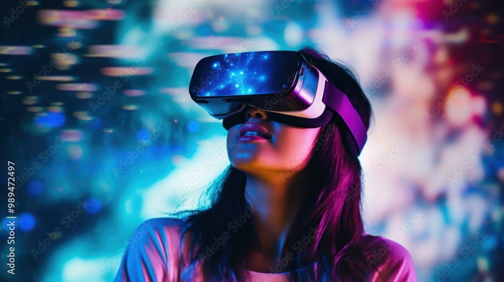 A woman immersed in a VR experience, with vivid colors and starry visual effects illuminating her fascinated expression, symbolizing the future of technology. A woman immersed in a VR experience, with vivid colors and starry visual effects illuminating her fascinated expression, symbolizing the future of technology.