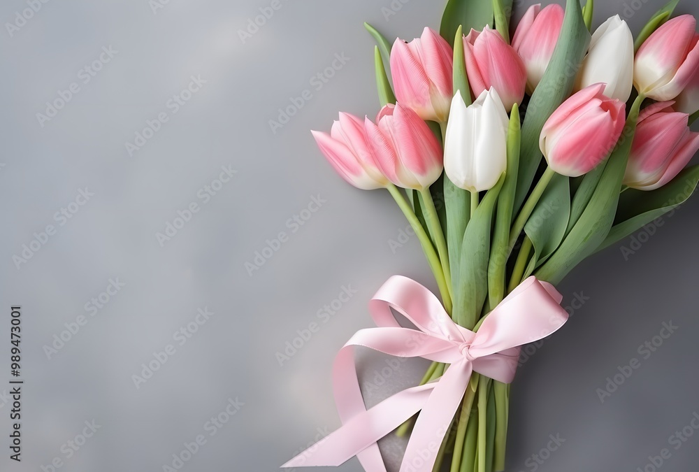 Pink and White Tulip Bouquet with Ribbon Bow Pink and White Tulip Bouquet with Ribbon Bow
