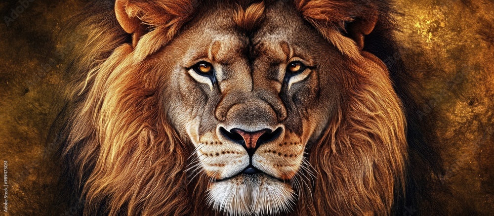 Fototapeta premium Regal lion face with an impressive mane symbolizing strength and majesty in the animal kingdom