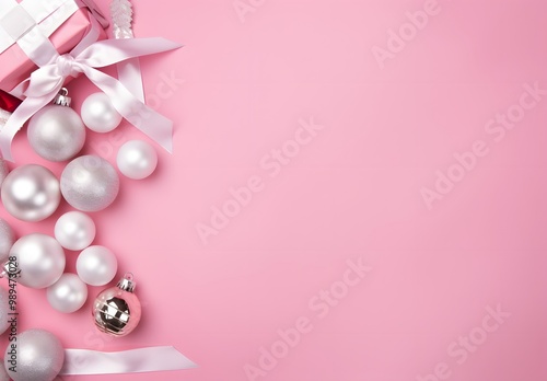 Pink Christmas Background with Silver Ornaments and Ribbon