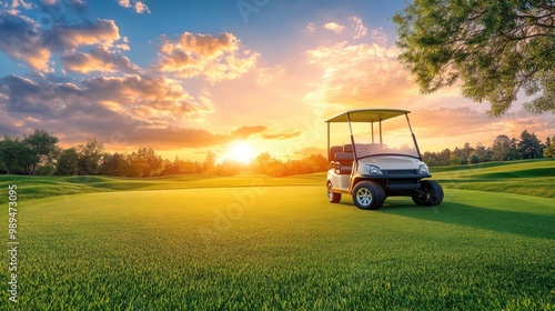 Golf Cart at Sunset on a Green Course