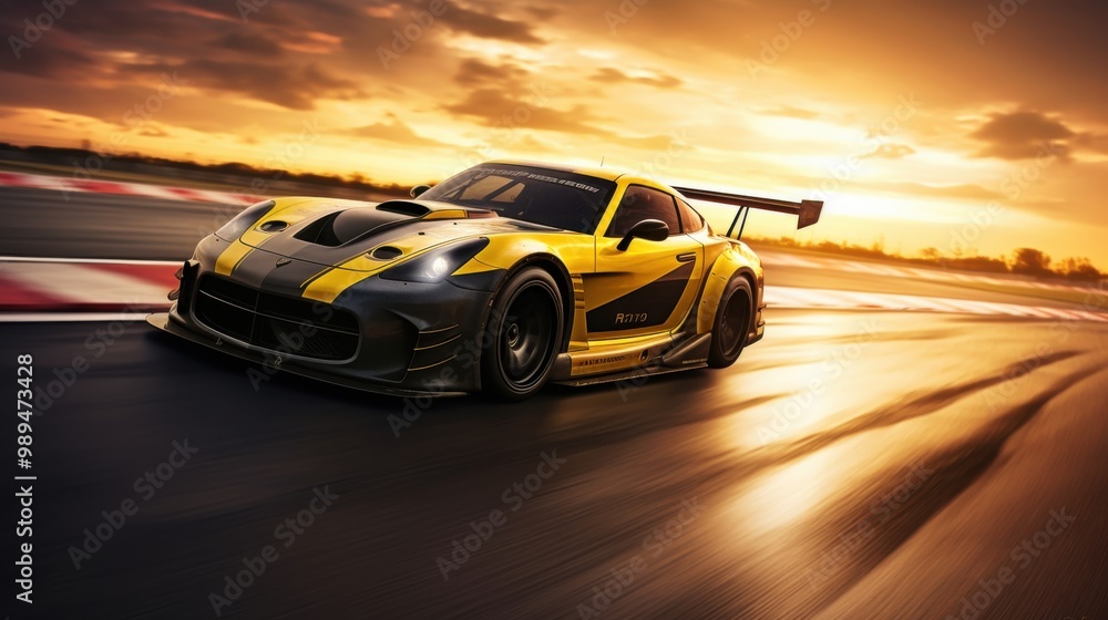 Obraz premium A sleek sports car races on a track during a dramatic sunset, highlighting its streamlined design and the thrill of high-speed competition, perfect for automotive enthusiasts.