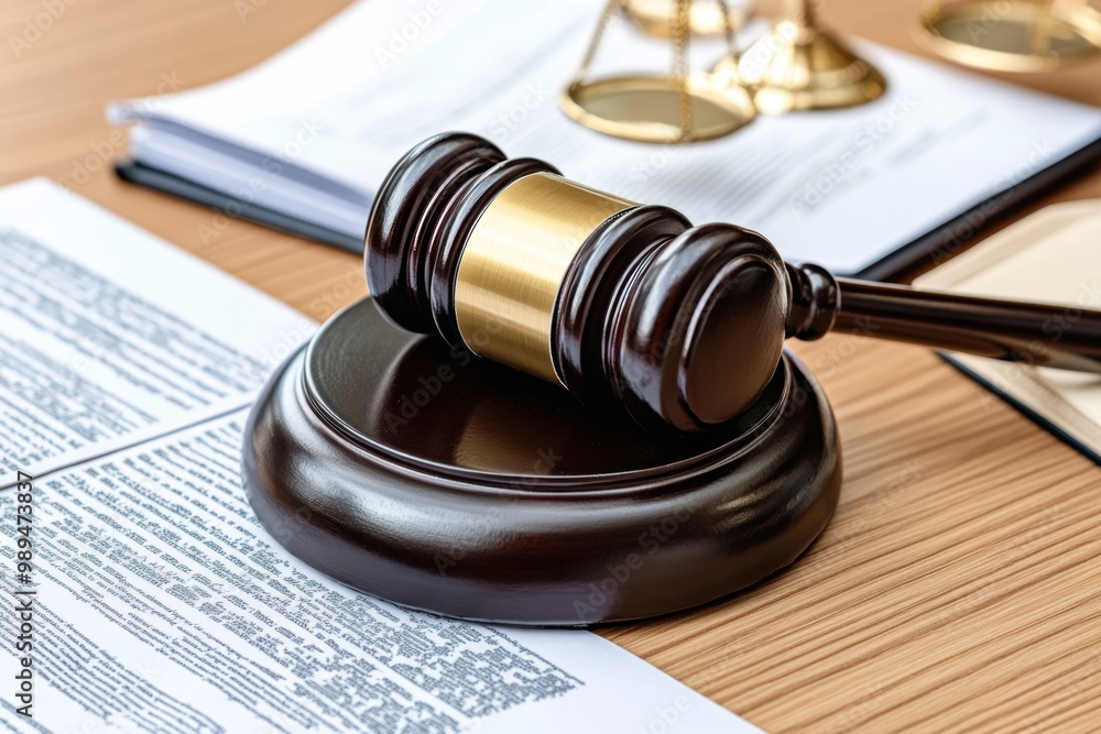 A courtroom gavel resting on a wooden desk, with legal documents and a law book lying beside it A courtroom gavel resting on a wooden desk, with legal documents and a law book lying beside it