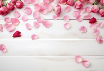 Pink Roses and Petals on White Wooden Table