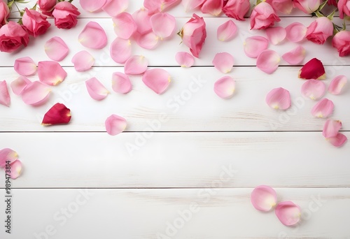 Pink Roses and Petals on White Wooden Table photo