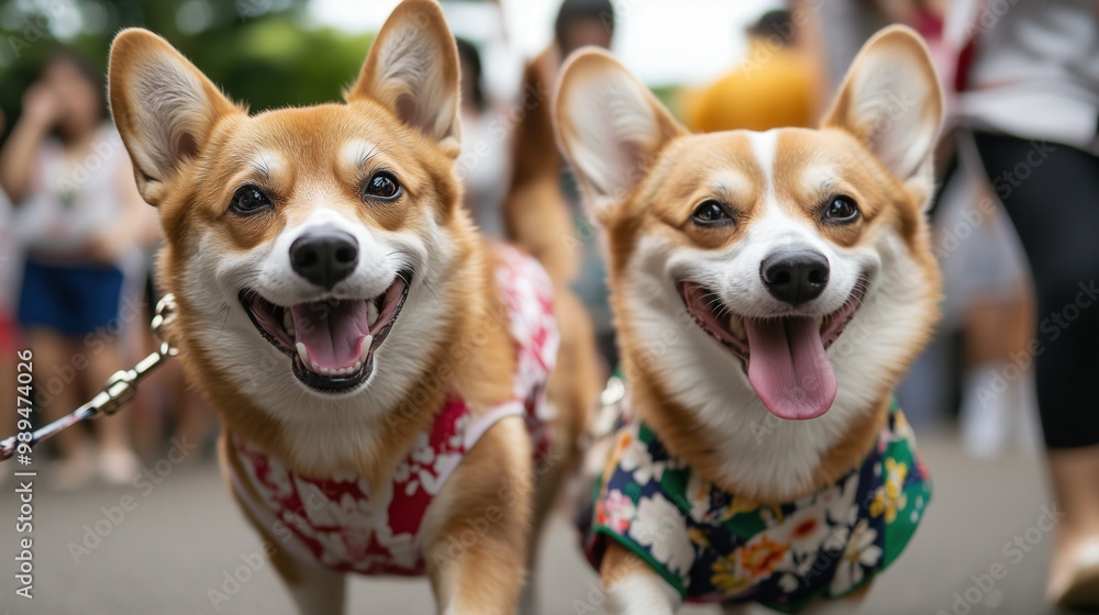 色鮮やかな浴衣を着た元気な柴犬とコーギーが日本の春を祝う 色鮮やかな浴衣を着た元気な柴犬とコーギーが日本の春を祝う