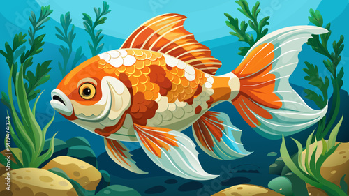 Vibrant orange and white Ranchu fish with elaborate fins and tail swims in a serene aquarium surrounded by