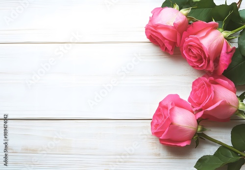 Pink Roses on White Wood Table with Copy Space