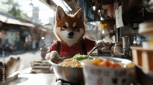 日本のラーメン店の店主としての柴犬 - ポスターやカードのための魅力的な料理シーン photo