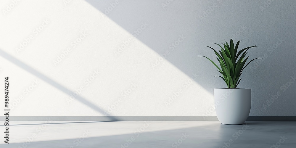 A minimalist setting featuring a white pot holding a green plant, casting a shadow on a clean, gray floor. A minimalist setting featuring a white pot holding a green plant, casting a shadow on a clean, gray floor.