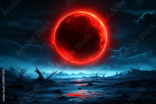 A desolate, dark landscape bathed in the eerie light of a blood-red moon, with shadowy creatures lurking in the mist, in a dark fantasy artwork illustration photo