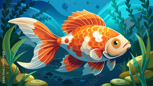 Vibrant orange and white Ranchu fish with elaborate fins and tail swims in a serene aquarium surrounded by