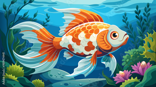 Vibrant orange and white Ranchu fish with elaborate fins and tail swims in a serene aquarium surrounded by