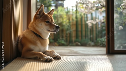 日本の春、畳の上で襖の上でくつろぐ柴犬