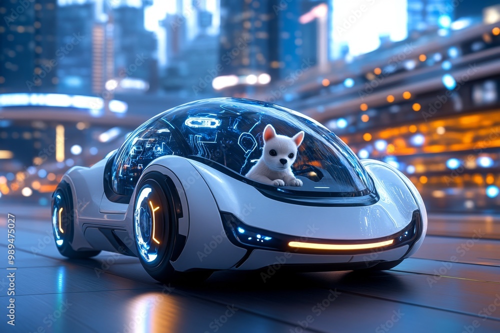 Naklejka premium A futuristic city where pets are transported by floating vehicles, with sleek design and holographic pet accessories