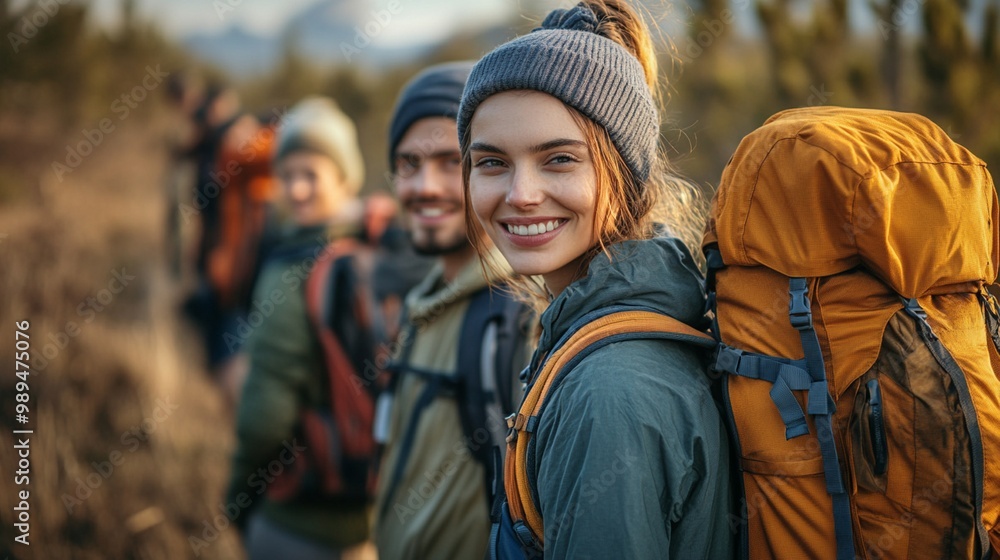 A diverse group of individuals wearing backpacks stands in a line A diverse group of individuals wearing backpacks stands in a line