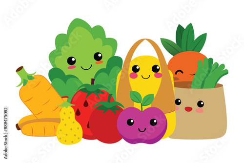 vegetables and fruits, Healthy food clean eating selection fruit and vegetable Ecofriendly packaging reusable bag Plastic free Zero waste lifestyle on white background