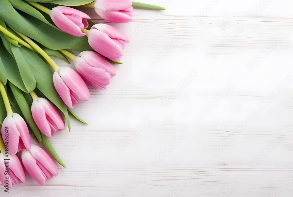 Pink Tulips Corner on White Wooden Table Pink Tulips Corner on White Wooden Table
