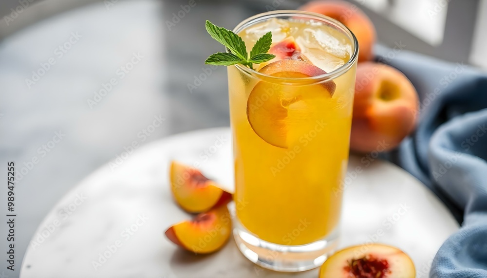 Close up of a drink in a glass on a table with peaches and mint and a few pieces of fruit on the table Close up of a drink in a glass on a table with peaches and mint and a few pieces of fruit on the table