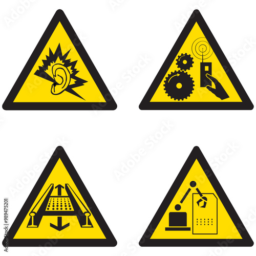 SA021,SA022,SA023,SA024, peligro ruido intenso, peligro arranque a distancia, pluma eligro rail giratoriio, peligro maquina en funcionamiento, aviso, gráfico, logo, concepto, corte, triángulo iso, pre