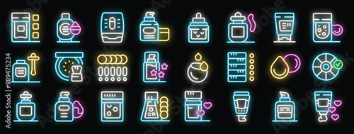 Cosmetic production line icons showing cream jars, bottles, tubes, dispensers and measuring tools