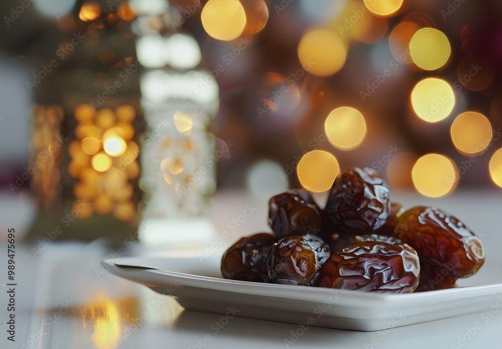 Dates on a Plate with Lantern and Bokeh Lights Dates on a Plate with Lantern and Bokeh Lights