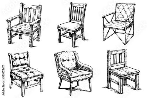 set of interior classic chairs on white background sketch