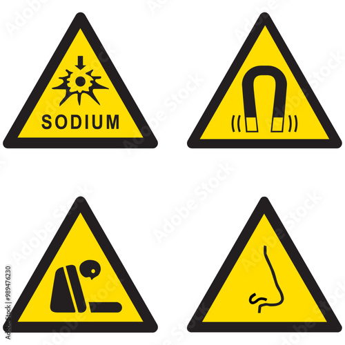 SA078, SA079, SA080, SA081, asfixia, peligro de sodio, peligro de campo magnético, peligro de asfixia, peligroso, riesgo, ilustración, amarillo, triángulo, imán, peligro