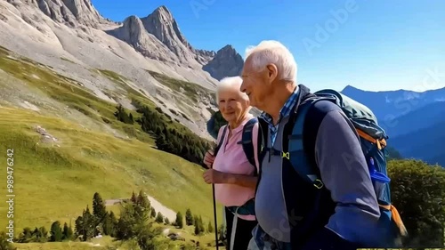 Active senior couple hiking on the top of rock. Mature man helping woman climbing up. Happily smiling. Scenic view of gulf and sea. Healthy lifestyle