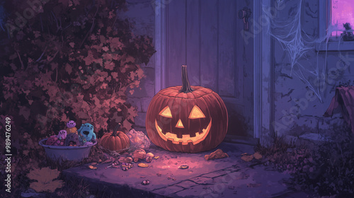 A pumpkin sitting on a doorstep, surrounded by Halloween objects such as candy bowls, fake cobwebs, and creepy toys photo