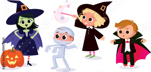 Cartoon children in halloween costumes. Little witch with a pumpkin, a mummy, Dracula, vampire, zombie, a witch with a magic stick.