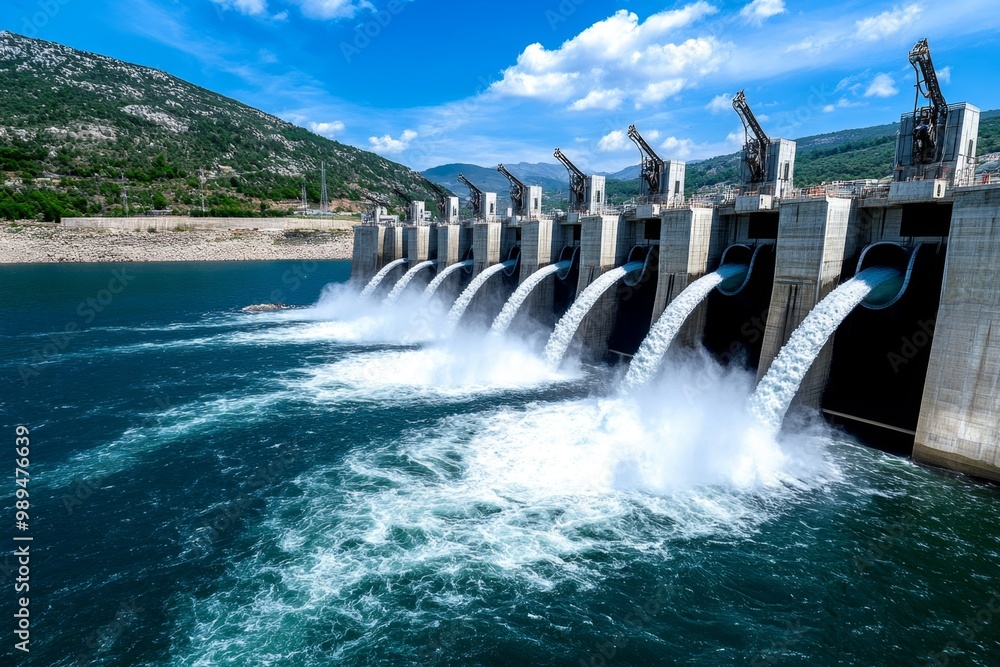A hydroelectric dam, with water rushing through the turbines, generating power from natural resources A hydroelectric dam, with water rushing through the turbines, generating power from natural resources