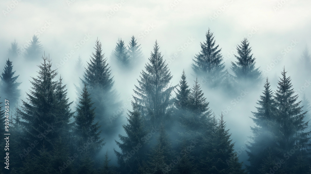 Misty pine forest with thick fog rolling through the trees, creating a mysterious and atmospheric scene of nature's beauty Misty pine forest with thick fog rolling through the trees, creating a mysterious and atmospheric scene of nature's beauty